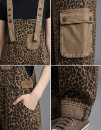Comfortable Leopard Print Denim Overalls Women Adjustable