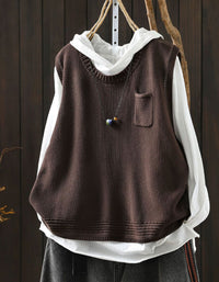 Textured beige knit vest for women with front pocket