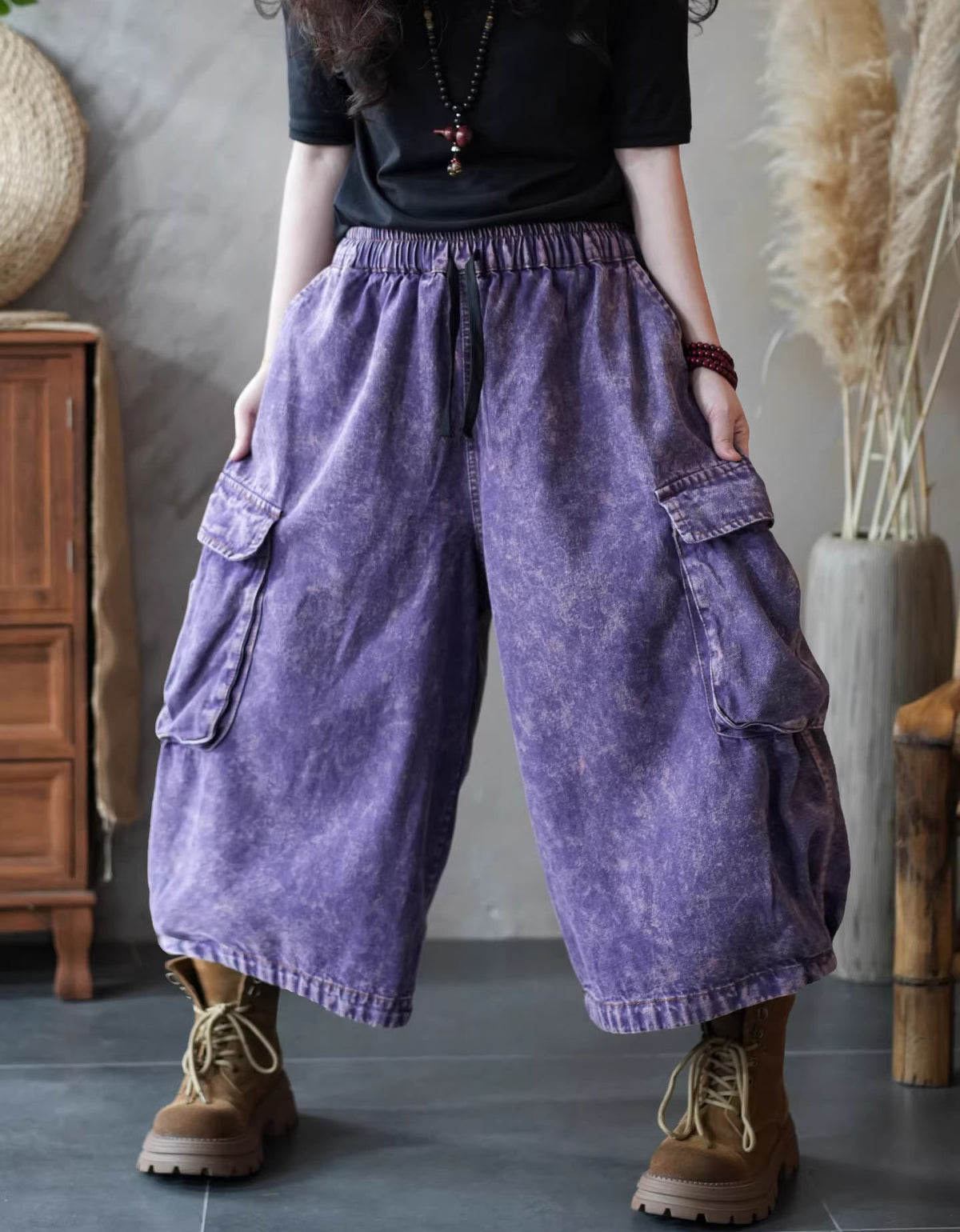 Women’s Wide Leg Cargo Pants Elastic Waist Loose Fit