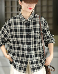 Women’s black plaid button-up shirt with relaxed oversized fit