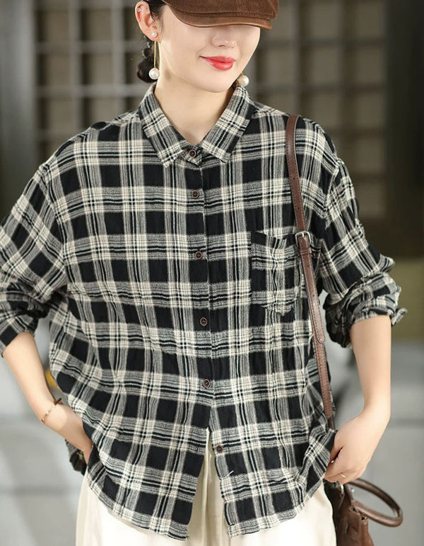Women’s black plaid button-up shirt with relaxed oversized fit