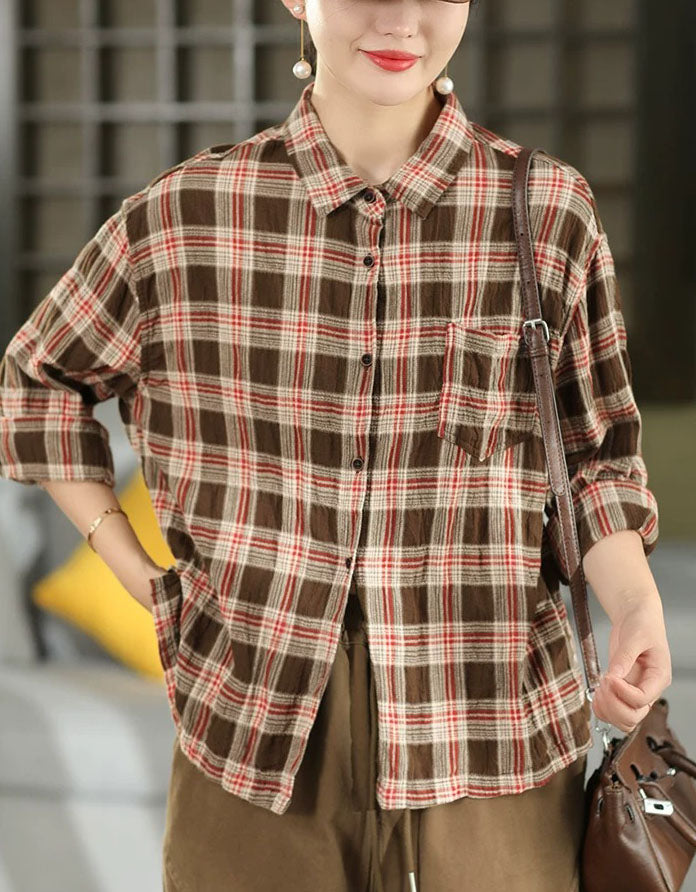 Women’s brown red plaid casual shirt with button front and classic collar