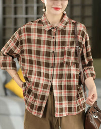 Women’s brown red plaid casual shirt with button front and classic collar