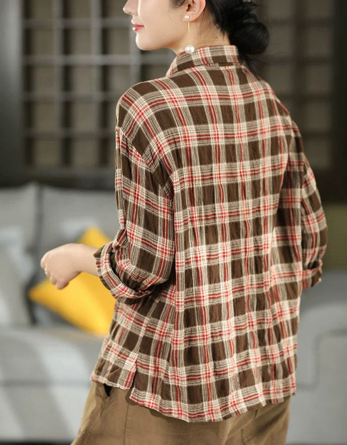 Women’s brown plaid button-up shirt back view with loose casual fit