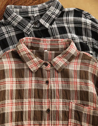 Three plaid button-up shirts layered together, showing brown, black, and red plaid patterns in a flat-lay arrangement.