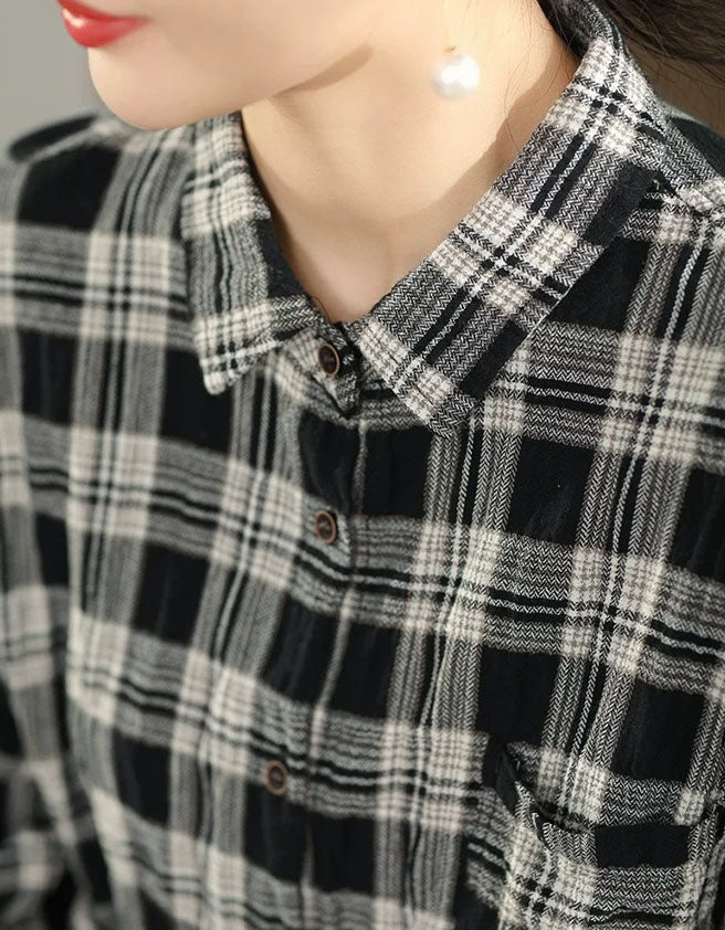 Women’s Black Plaid Button-Up Shirt – Casual Oversized Long Sleeve Top