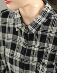Women’s Black Plaid Button-Up Shirt – Casual Oversized Long Sleeve Top