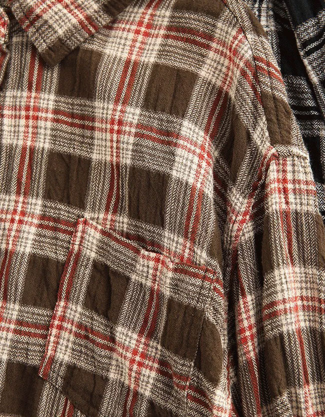 Brown and red plaid women’s shirt with classic collar, button front and chest pocket