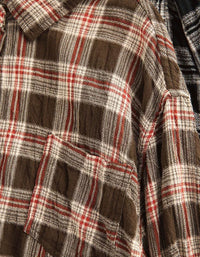 Brown and red plaid women’s shirt with classic collar, button front and chest pocket
