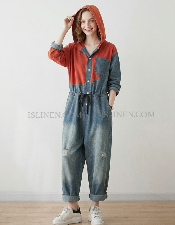 Casual Denim Jumpsuit Hooded Drawstring Waist Outfit