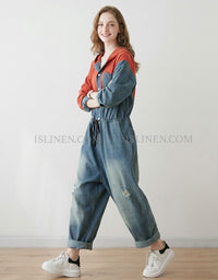 Women Hooded Denim Romper Loose Fit Street Style Wear