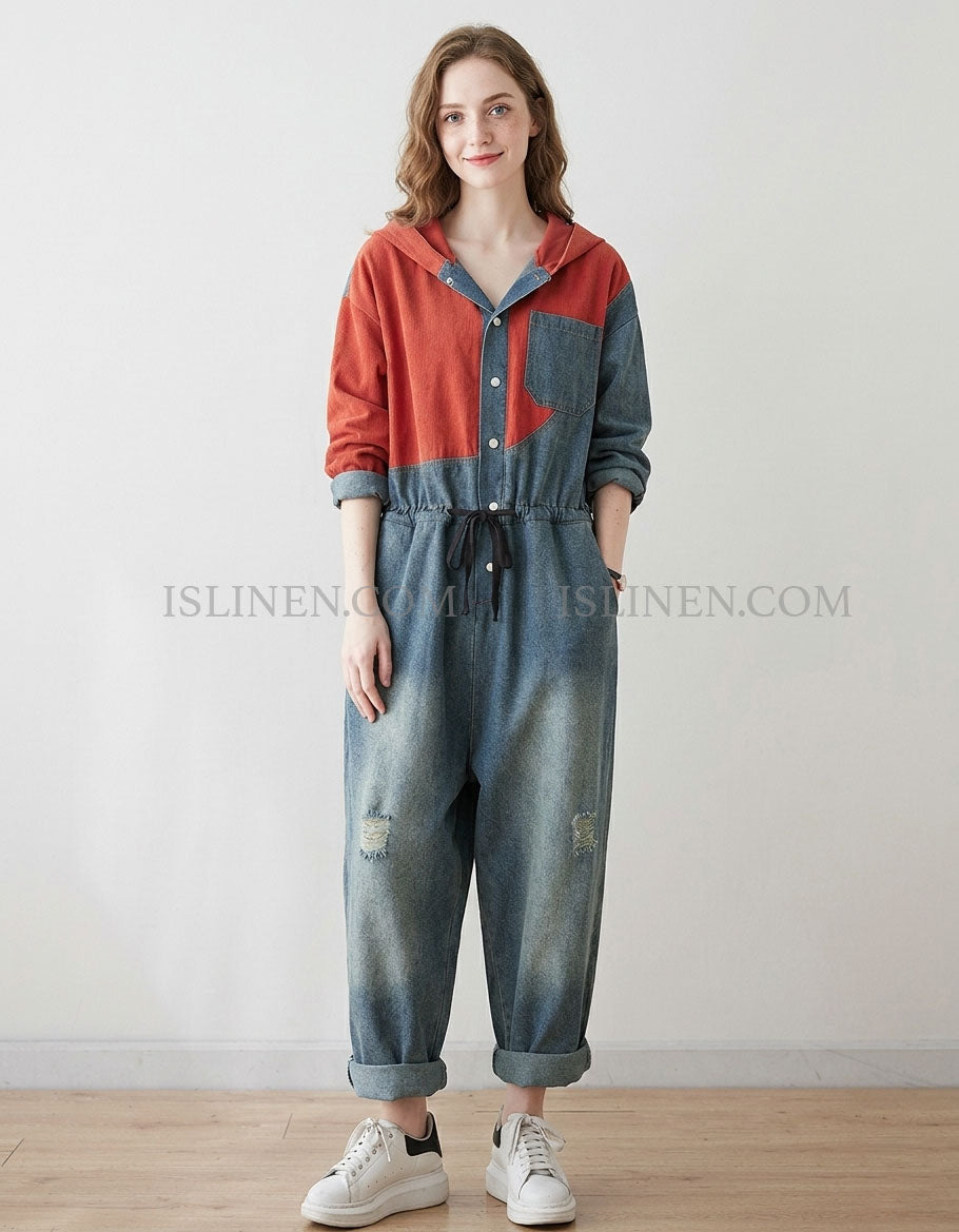 Women Denim Hooded Jumpsuit Casual Loose Fit Outfit