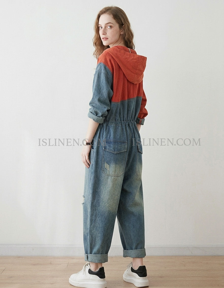 Denim Hooded Jumpsuit Women Casual Drawstring Outfit