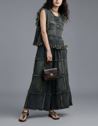Vintage washed denim outfit women sleeveless top set