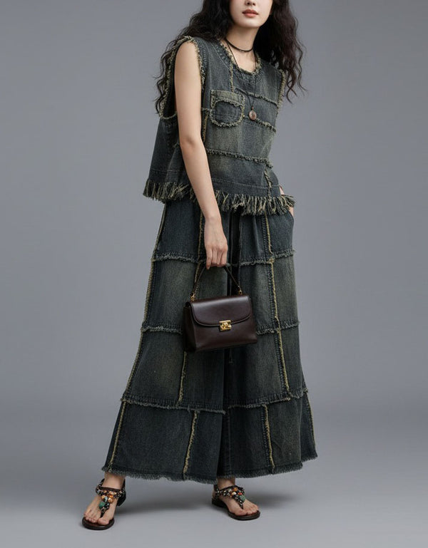 Vintage washed denim outfit women sleeveless top set