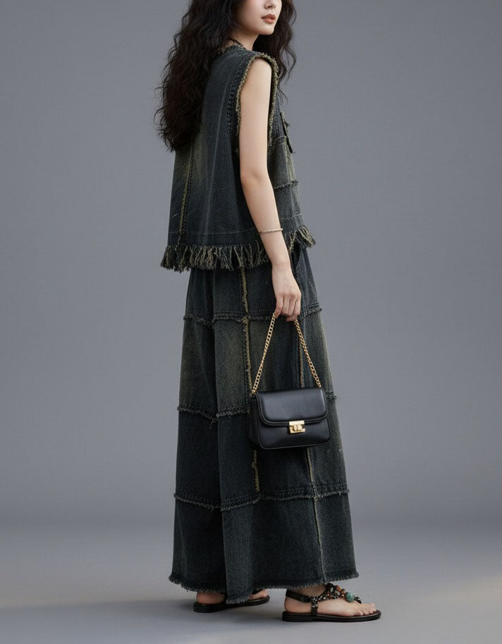 Women frayed hem denim top with wide leg pants