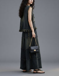 Women frayed hem denim top with wide leg pants