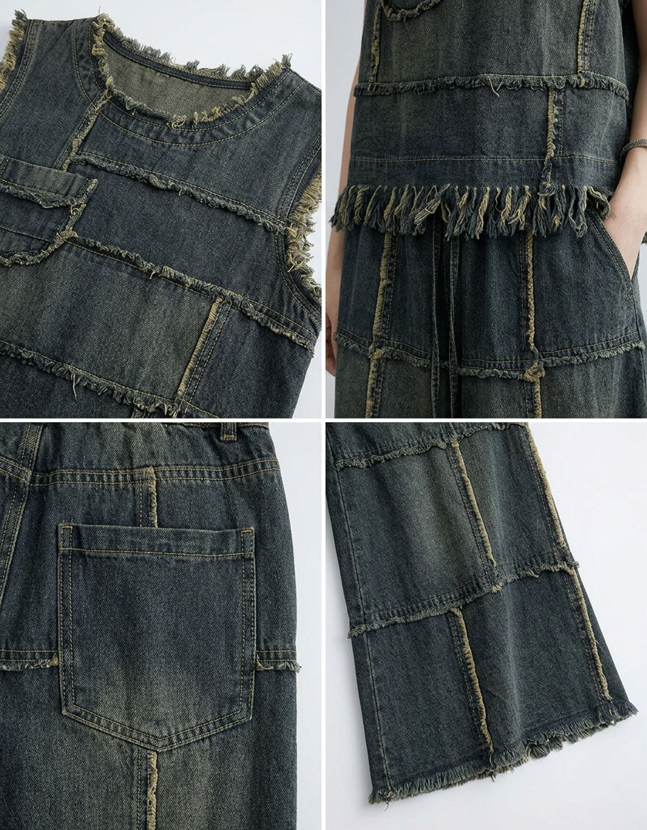 Patchwork denim outfit women relaxed fit casual style
