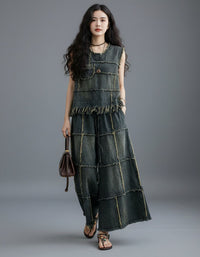 Women patchwork denim two piece set wide leg pants