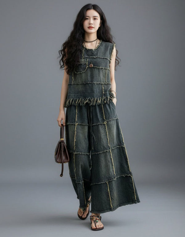 Women patchwork denim two piece set wide leg pants