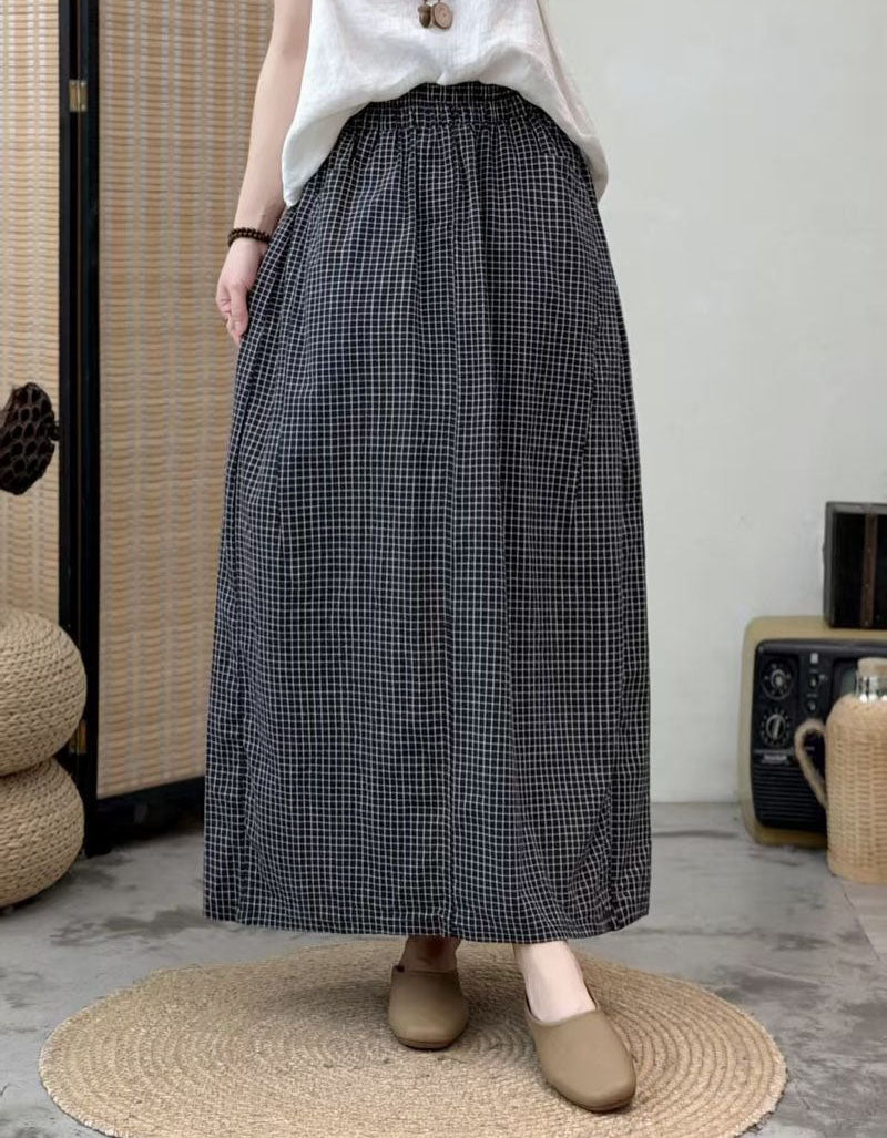 Women’s Plaid Maxi Skirt – High Waist Elastic Long A-Line Skirt Casual Loose Fit