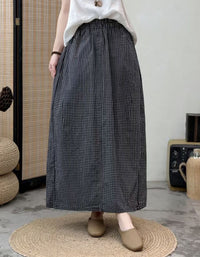 Women’s Plaid Maxi Skirt – High Waist Elastic Long A-Line Skirt Casual Loose Fit