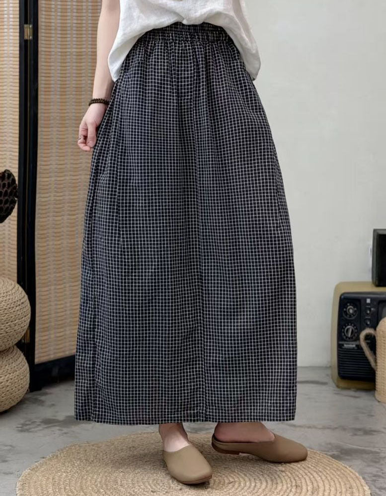Women Casual High Waist Elastic Long A-Line Plaid Skirt