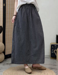 Women Casual High Waist Elastic Long A-Line Plaid Skirt