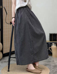 Women’s Black Grid Maxi Skirt – Loose Fit Casual A-Line Long Skirt