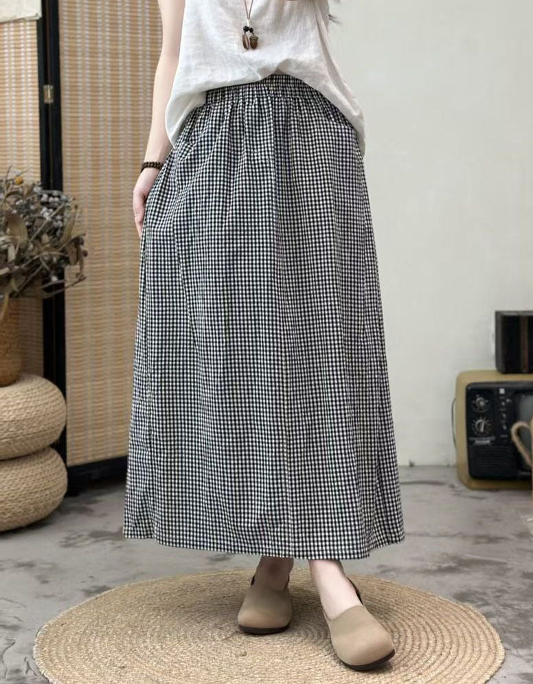 Black Checkered Long Skirt for Women – Casual Elastic Waist Maxi Skirt