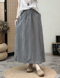 Black Checkered Long Skirt for Women – Casual Elastic Waist Maxi Skirt