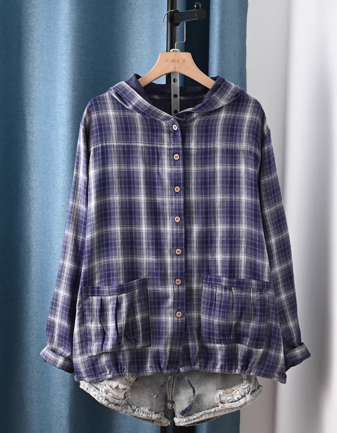 Women’s Checkered Hoodie Top – Loose Fit Button Down Plaid Shirt Jacket