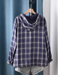 Back View of Vintage Style Plaid Hoodie Shirt – Women’s Casual Oversized Jacket