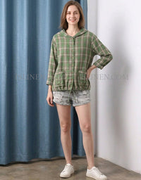 Green Checkered Hoodie Shirt for Women – Loose Fit Casual Plaid Jacket