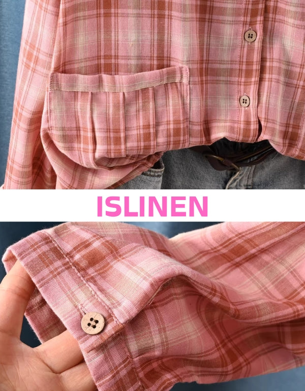 Pink checkered hoodie shirt with front buttons and pockets for women