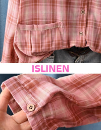 Pink checkered hoodie shirt with front buttons and pockets for women