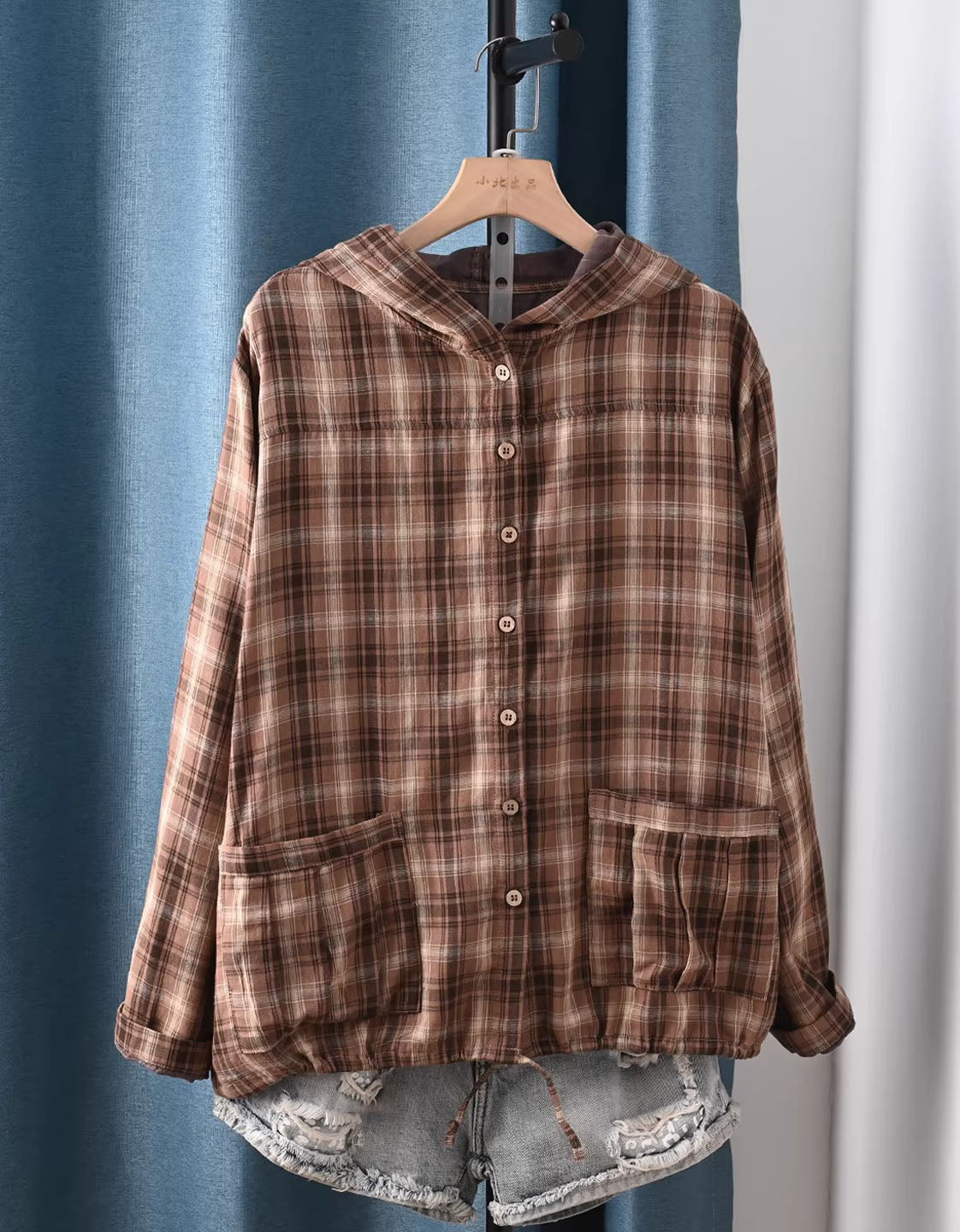 Coffee Vintage Style Plaid Hoodie Shirt – Women’s Casual Oversized Jacket