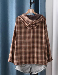 Back View of Vintage Style Coffee Plaid Hoodie Shirt – Women’s Casual Oversized Jacket