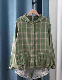 Green Plaid Hooded Jacket Women – Lightweight Casual Shirt with Pockets