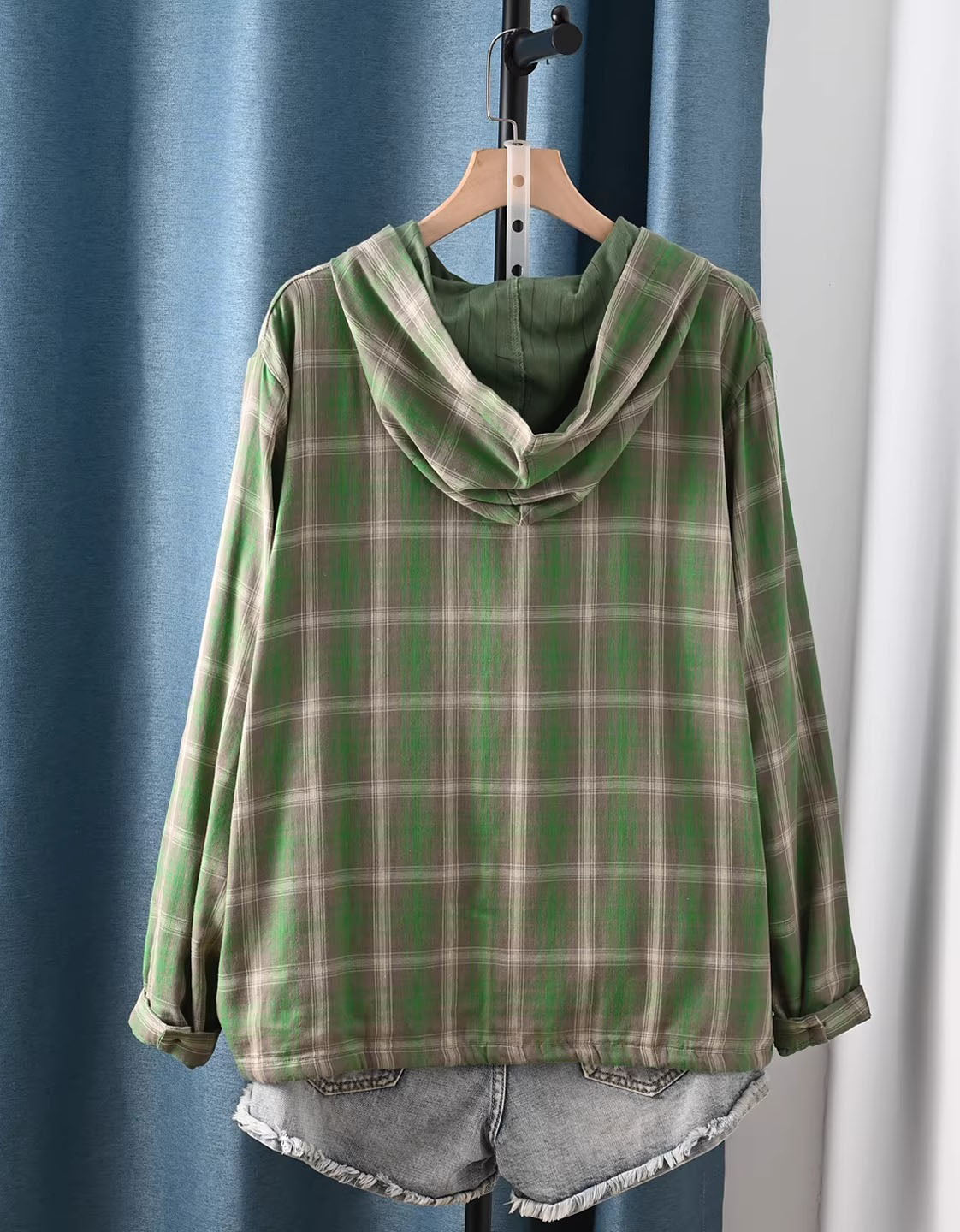 Back View of Green Plaid Hooded Jacket Women – Lightweight Casual Shirt with Pockets