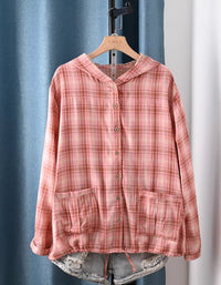 women pink plaid hooded shirt jacket oversized button down casual