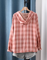 women pink plaid hooded shirt jacket oversized button down casual