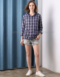 Women’s Oversized Plaid Hoodie Jacket – Button Down Casual Shirt Coat