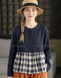 Women’s Two Tone Linen Blouse – Navy & Plaid Patchwork Button Front Top