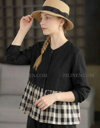 Vintage Patchwork Blouse Women – Linen Long Sleeve Casual Boho Shirt