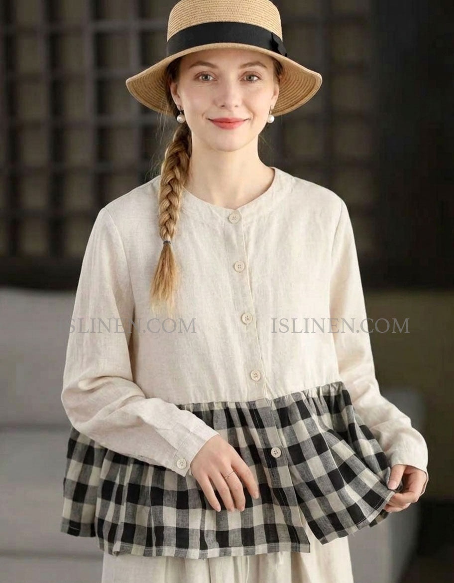 Boho Linen Shirt for Women – Navy Plaid Contrast Loose Fit Button Top