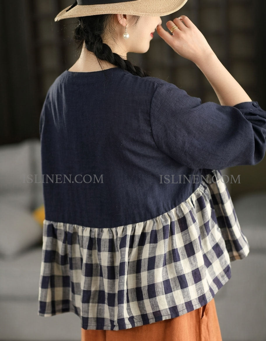 Women’s Casual Patchwork Top – Long Sleeve Linen Blend Bohemian Blouse