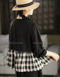 Loose Fit Linen Blouse – Two Tone Checkered Panel Boho Style Shirt