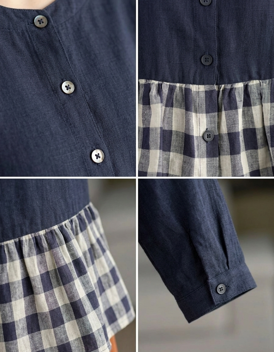Loose fit bohemian top with navy and plaid contrast design