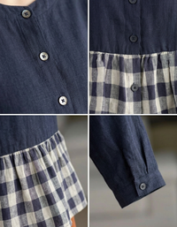 Loose fit bohemian top with navy and plaid contrast design